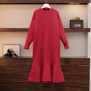 

Women Winter Sweater Red Dress 2020 New Fashion Pullover Long Sleeve Loose Mermaid Party Dresses Plus Size Warm Cloth
