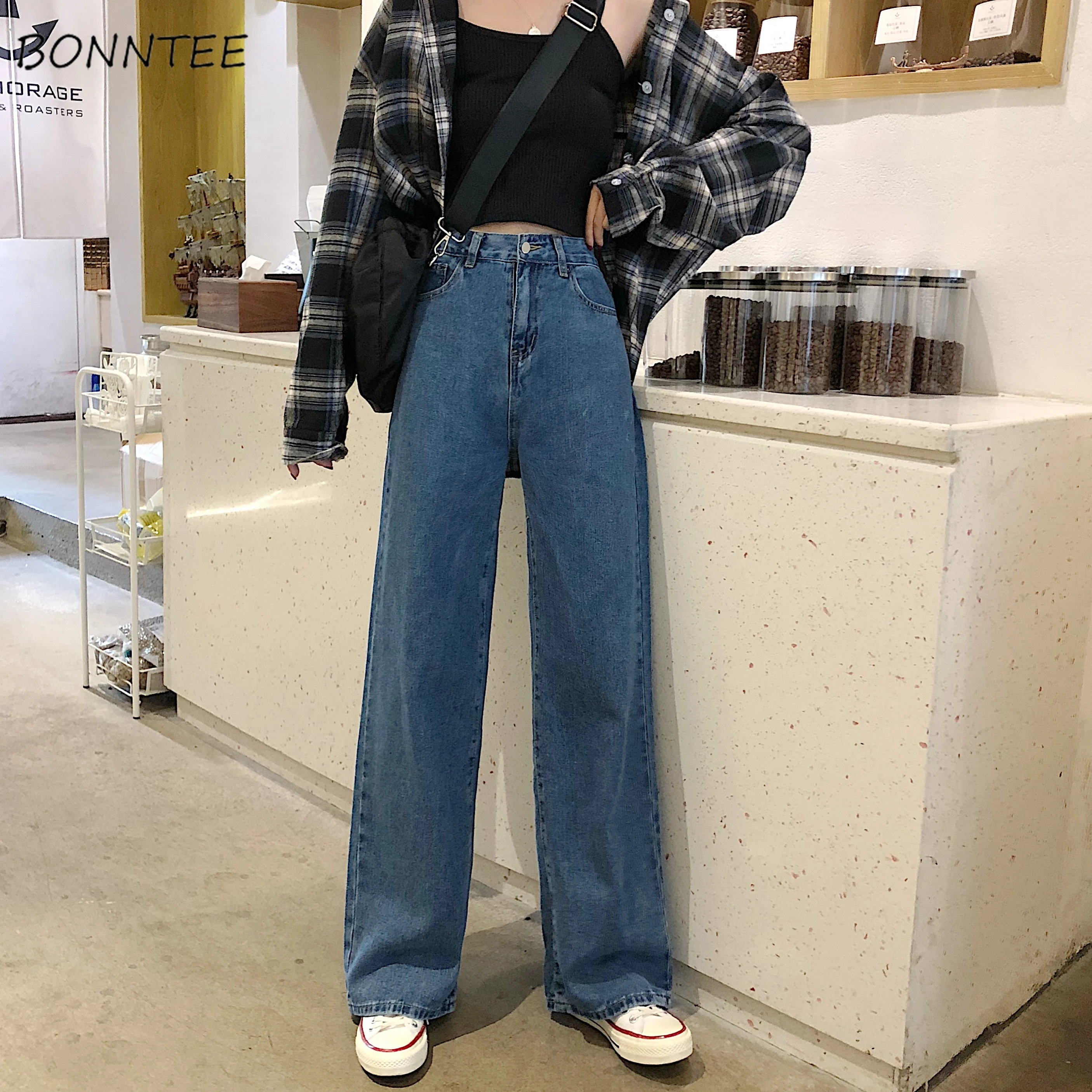 Kot Kadin Kot Uzun Pantolon Duz Kore Stil Cepler Bayan Yuksek Bel Rahat Gevsek Ogrenciler Streetwear Harajuku Sik Jeans Aliexpress