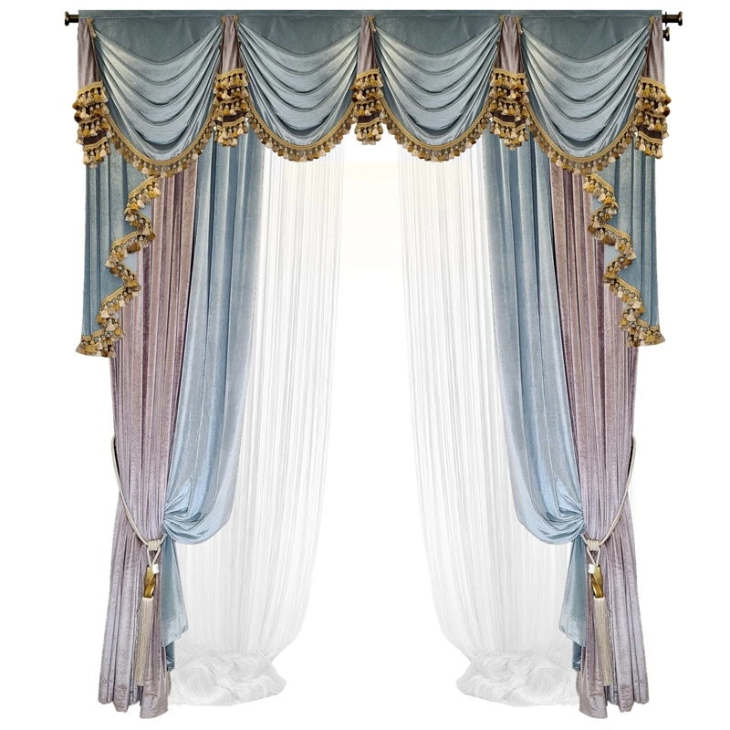 European-style High-end Blue and Gray Velvet Thickened Blackout Curtains for Living Room Bedroom Custom Finished Valance