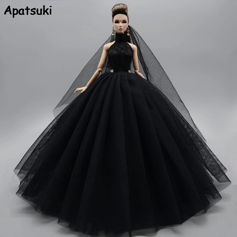 Black High Neck Fashion Wedding Dress For Barbie Doll Outfits Princess Evening Party Gown Long Dresses Doll Clothes & Veil new pearls beading black mesh face veil women headband cocktail party hair accessories ślubne nakrycia głowy