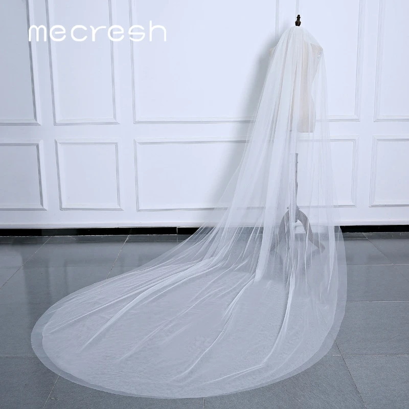 Mecresh 5M White Beige Long Bridal Veils for Women One Layer / Double Layer Cathedral Wedding Veils Accessories with Comb VTS014