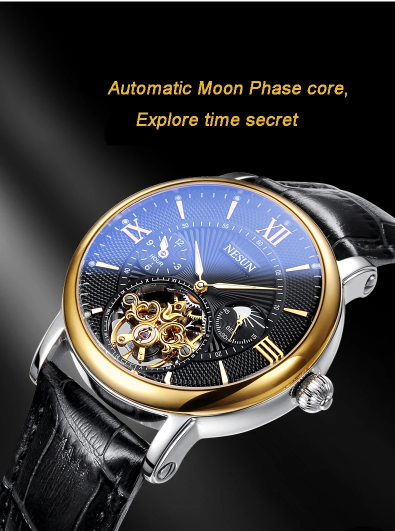 Швейцария Nesun полые Tourbillon часы Для мужчин Элитный бренд автоматические механические Для мужчин часы сапфир Водонепроницаемый часы N9091-7