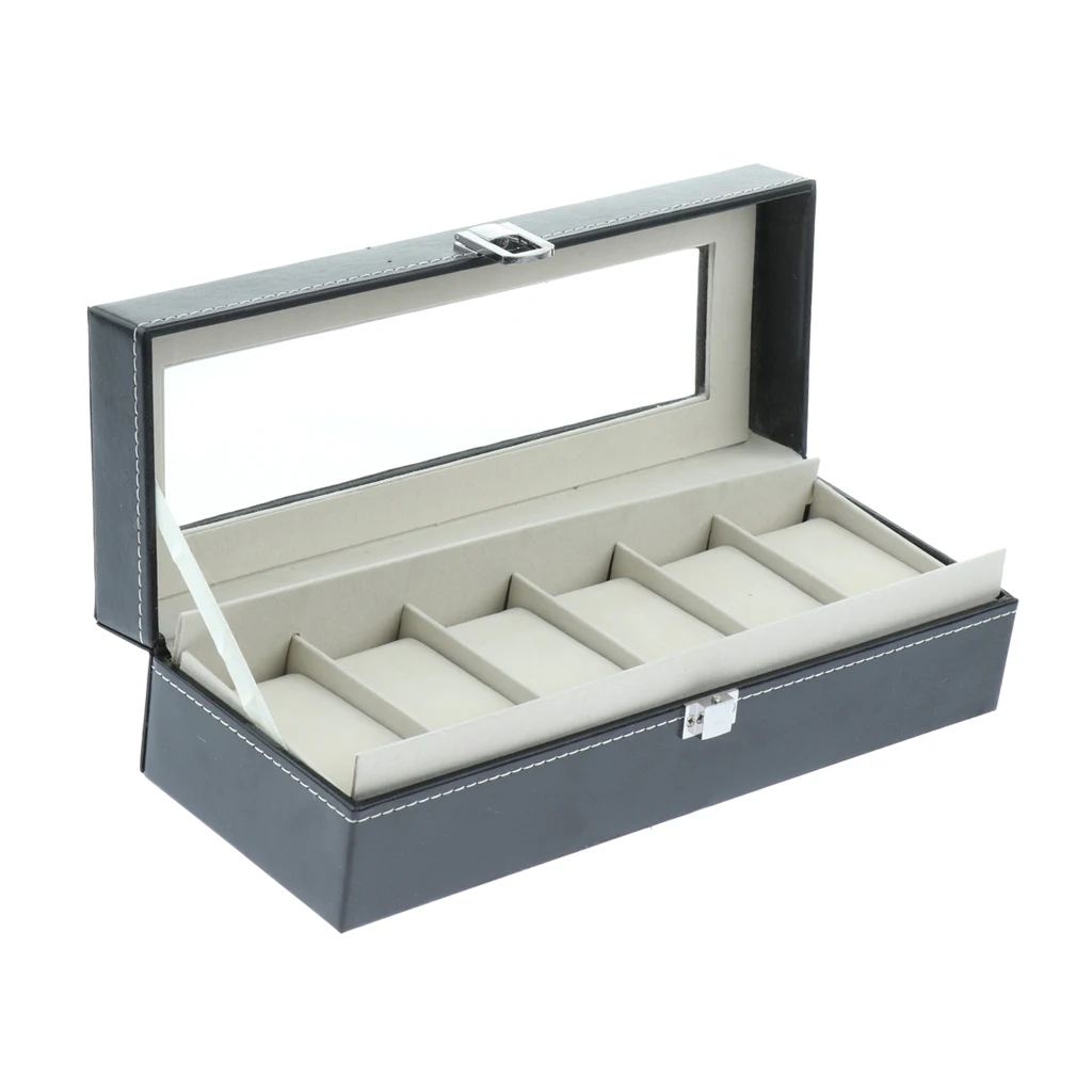 6 Slots Classy Watch Box Holder Wristwatch Display Case Cufflinks Earrings Storage Organizer with Glass Top for Women Men Gifts