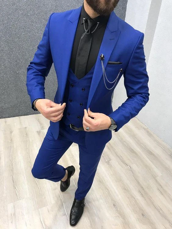 2020 Three Piece Royal Blue Men Suits Peaked Lapel Custom Made Wedding Tuxedos Slim Fit Male Suits (Jacket + Pants + Vest+Tie)