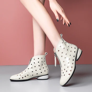

2020 Summer Genuine Leather Women Ankle Boots Cutout Hollow out yellow White Platform Shoes Casual shoes Soft size 34-41