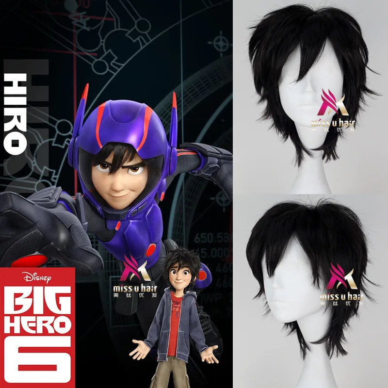 Парик для косплея Big Hero 6 Хиро Хамада черные короткие синтетические волосы с