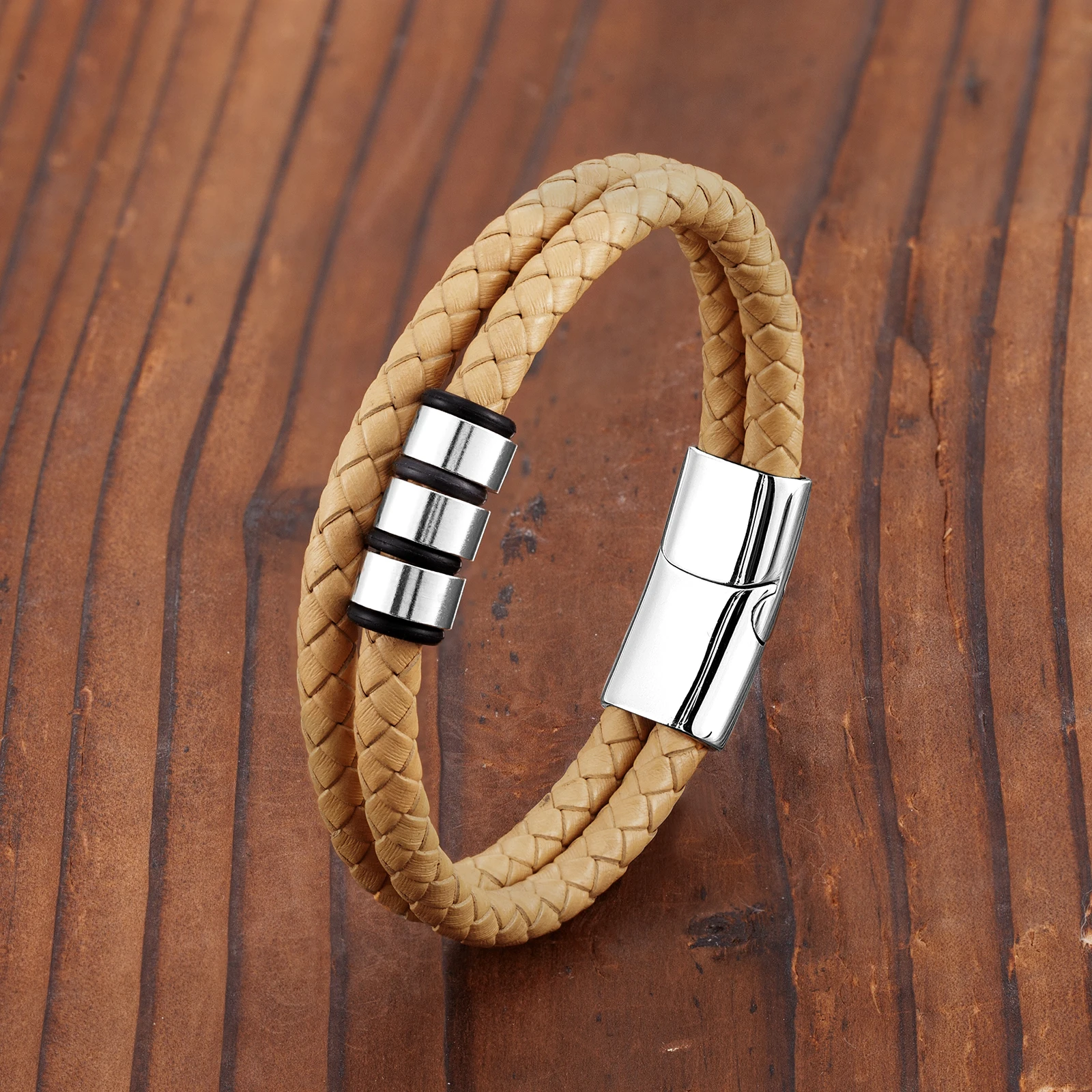 New Simple Punk Style 3 Rings 316L Stainless Steel Magnetic Buckle Men's Bracelet Two Tone Leather Cord Charm Jewelry Bracelet bracelet jewelry