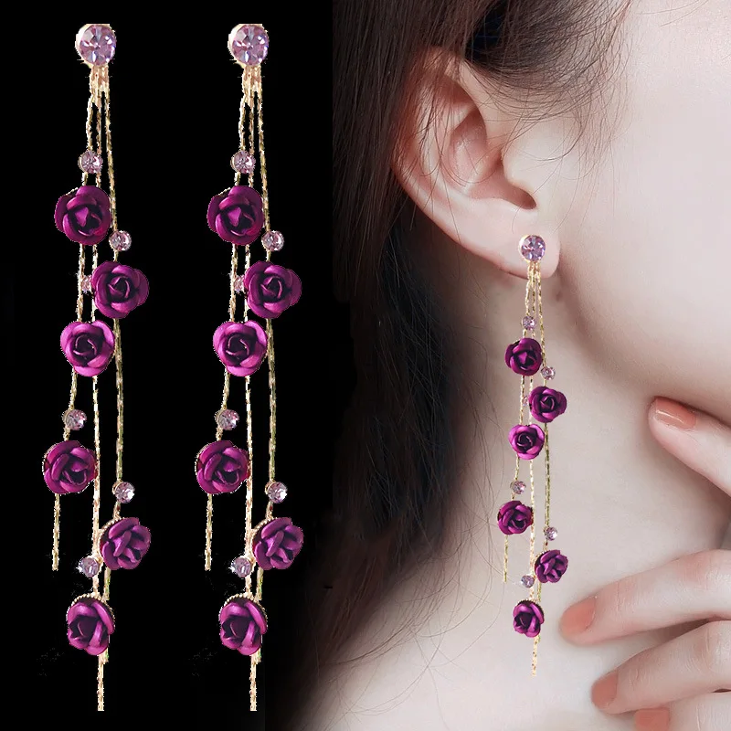 2020 Korean New Fashion Temperament Long Tassel Pendant Earrings Exquisite Simple Purple Rose Flower Female Jewelry | Украшения и