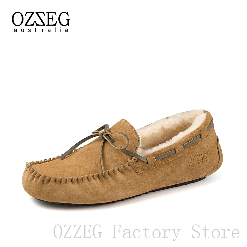 OZZEG/Роскошная брендовая Дизайнерская обувь для мужчин; зимняя обувь из натуральной кожи на плоской подошве; мужской зимний жакет на овечьем меху; лоферы с меховой подкладкой; повседневная обувь - Цвет: Коричневый