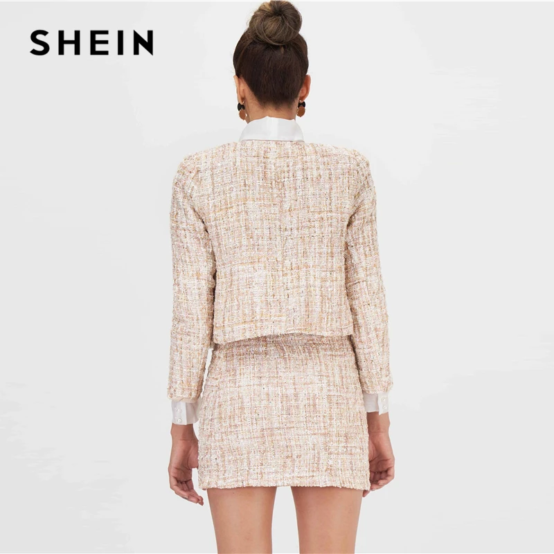 SHEIN хаки открытый передний твидовый элегантный весенний жакет пальто женская одежда Осенняя мода длинный рукав женские куртки для вечеринок