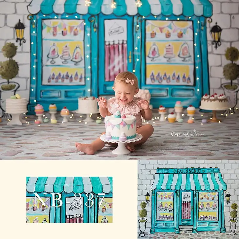 

Blue Patisserie Store Backdrop Children's 1st Birthday Photography Backdrops Newborn Baby Kids Backgrounds for Photo Studio