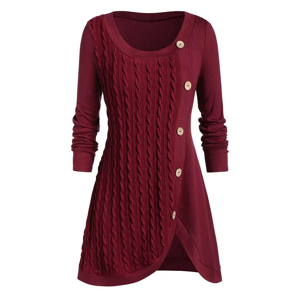 

ROSEGAL Plus Size Split Buttoned Cable Knit Sweater Women Front Slit Scoop Neck Pullovers Long Sleeve O-neck Sweaters Tops 2019