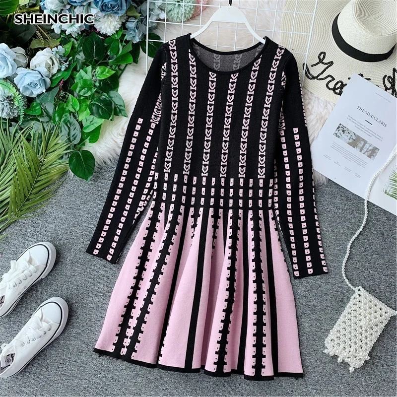 European 2019 Autumn Winter Knitted Dress Elegant O Neck A Line Knee-Length Striped Vintage Red Black Long Sleeve Vestidos | Женская