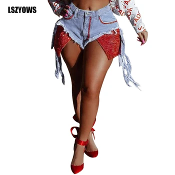 

Women Rhinestones Sequins Denim Shorts Summer High Waist Tassel Skinny Shorts Jeans Female Streetwear Fashion Casual Short Pants