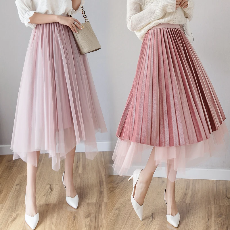 HAYBLST Брендовая женская юбка осень зима мода готический пэчворк сетка Kawaii одежда корейский стиль гофрированные длинные юбки для женщин