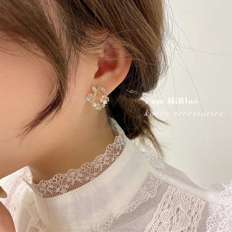 Korean new design fashion jewelry 14K gold plating zircon shell flower butterfly earrings elegant women’s wedding accessories