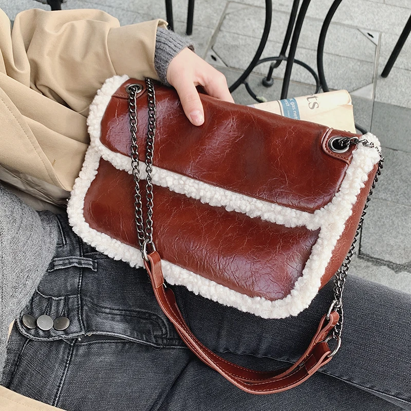 Faux Fur Designer PU Leather Shoulder Bag for Women 2021 Winter Branded Chain Handbags Women's Trend Hand High Quality | Багаж и сумки