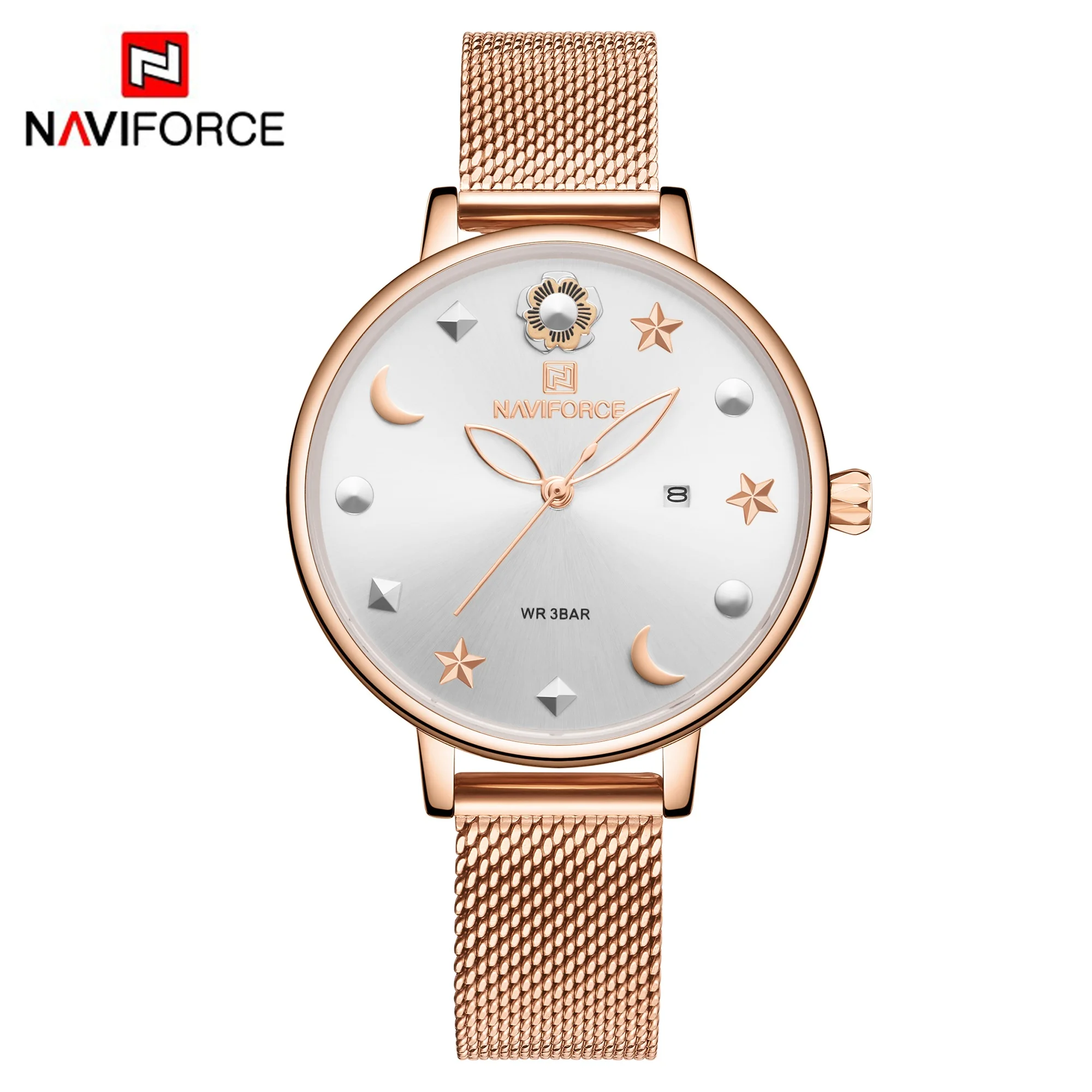 NAVIFORCE, простые модные черные кварцевые часы для женщин, браслет из нержавеющей стали с сеткой, водонепроницаемые повседневные Элегантные женские наручные часы - Цвет: RG WHITE