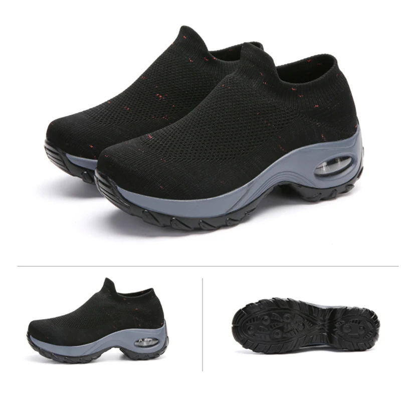 Black sneakers woman Модные женские теннисные туфли из дышащего сетчатого материала; женские носки без застежки, увеличивающие рост; кроссовки на толстой платформе - Цвет: Black sneakers woman