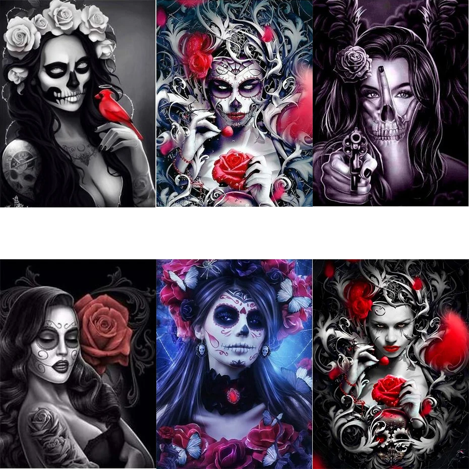 

DIY Oil Painting By Numbers Skull Girls Kits Picture Home Decoration Coloring By Numbers Flower Girl Handpainted Home Gift