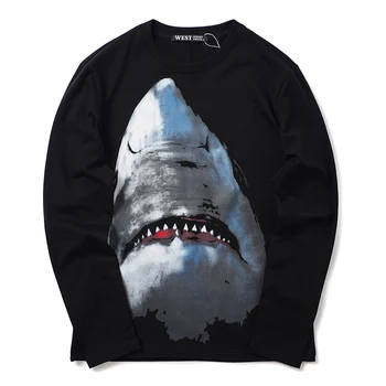 

men's cotton t shirt fashion mens shark 3D Print T-shirt homme men's long sleeved O-neck solid color casual shirts homme Tops