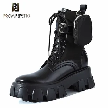 

Prova Perfetto Sexy Women Motorcycle Boots Genuine Leather Black Lace-Up Bag Decoration Platform Boots Autumn Short Botas Mujer