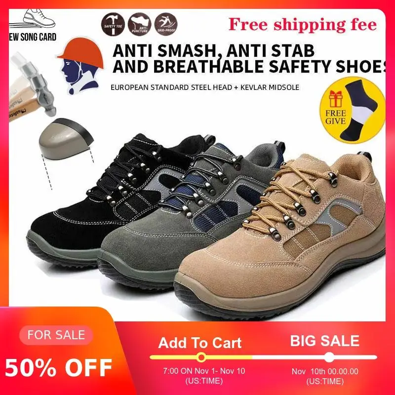 

2019New song card Breathable Lightweight Men Safety Shoes Steel Toe Work Shoes For Men Anti-smashing Construction Sneaker