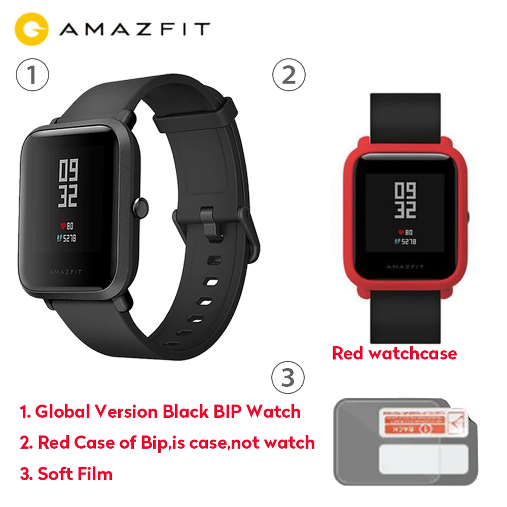 Официальные Смарт-часы Amazfit Bip, gps, умные часы, 45 дней в режиме ожидания, монитор сердечного ритма, будильник, вибрация, IP68, водонепроницаемые, напоминание о звонках - Цвет: Black add Red Case