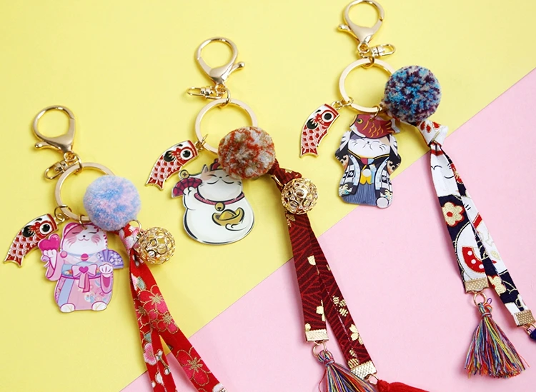 Tranditioal кимоно Maneki Neko Lucky Cat Fat Fortune Cat Брелок меховой шарик брелок для автомобиля сумка Подвеска для женщин D366