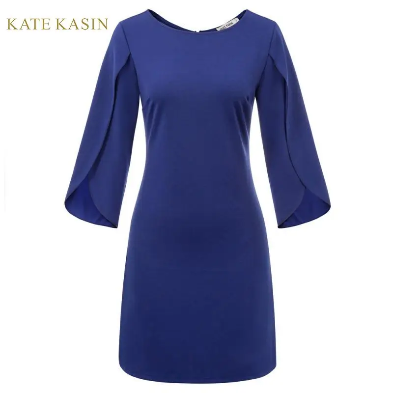 

Kate Kasin Women Casual 3/4 Flare Sleeve Slim Pencil Dress Office Lady Short Mini Sheath Dress Career Solid Bodycon Work Dresses