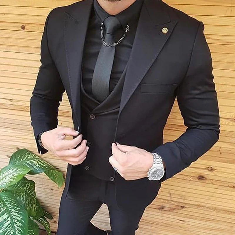 

Black Slim Fit Formal Men Suits for Wedding Peaked Lapel Custom Groom Tuxedo 3 Piece Jacket Waistcoat with Pants