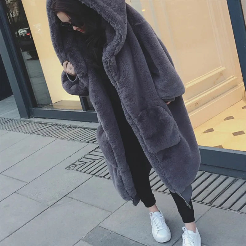 Женское зимнее пальто большого размера с капюшоном из искусственного меха, толстое теплое Черное длинное повседневное свободное пушистое пальто из искусственного меха, женская меховая куртка, пальто