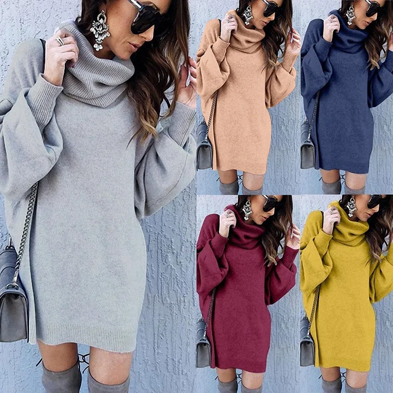 2020 New Women Warm Casual Autumn and Winter Style Large Size Loose High Collar Long Turtleneck Solid Elegant Sweater | Женская одежда