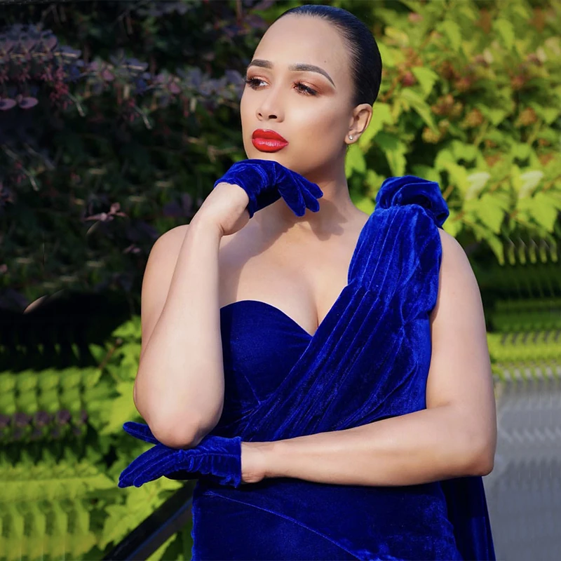 

Blue One Shoulder Velour Mermaid Velour Evening Dresses Simple Sexy Formal Sleeveless With Train Evening Dress Gowns DHA2178