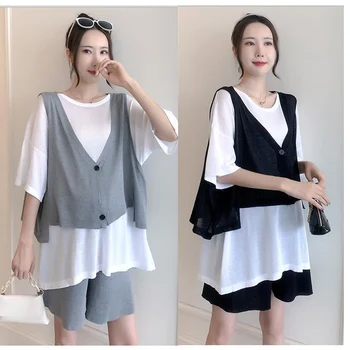 

670# 3PCS/Set Thin Cotton Maternity Clothing Suits Summer Plus Size Loose Clothes for Pregnant Women Pregnancy Tees Shorts Sets
