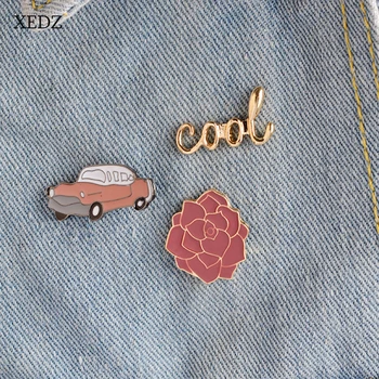 

XEDZ 3 pcs/set Rose Flower RED Car "Cool" Women Enamel Brooch Jewelry Fashion Cute Backpack Cothing Brooch Pins Accessories