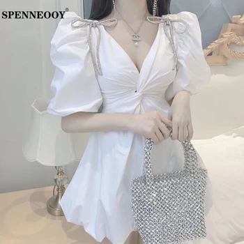 

SPENNEOOY Designer Runway Summer Women V Neck Front Twist Sexy Club Dress Ladies Luxurious Diamonds Bow Open Back Mini Dresses