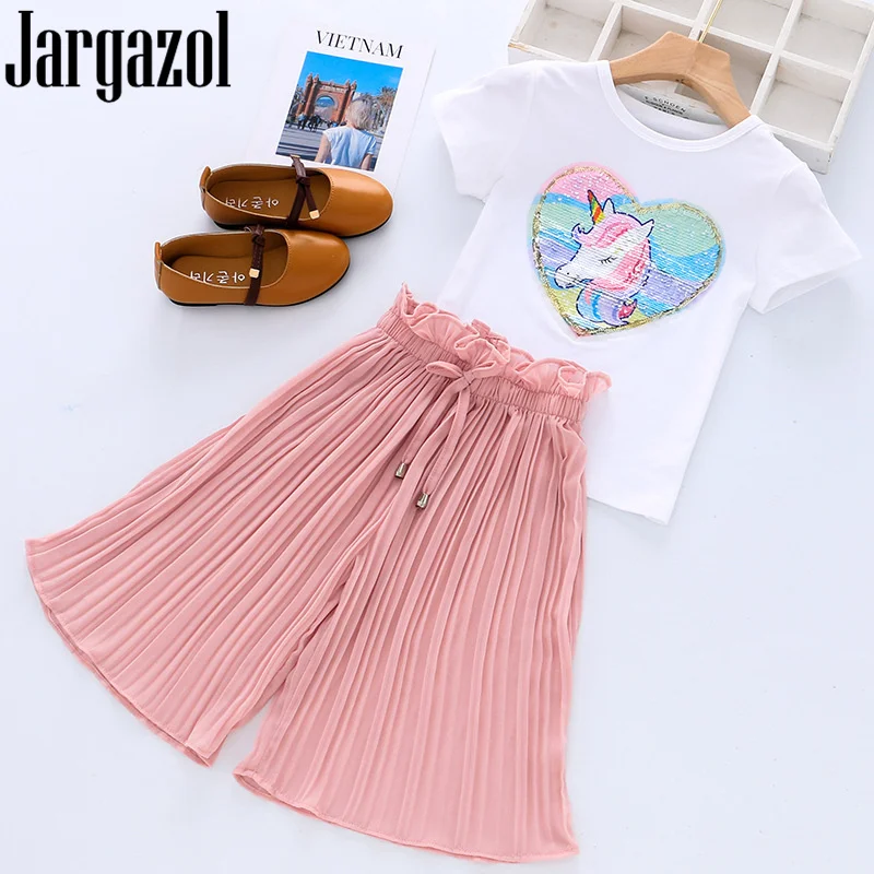 Jargazol Girls Ruffle Outfits Reversible Sequins Unicorn Shirt&ampChiffon Wide Leg Pants Summer Fashion Clothing Set Girl Clothes |