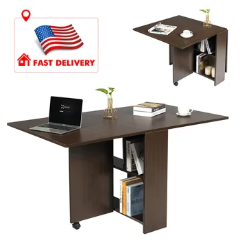 

US In Stock Wooden Folding Dining Table Solid Wood Movable Office Table With Wheels Stuff Storage Living Room Kitchen Tables