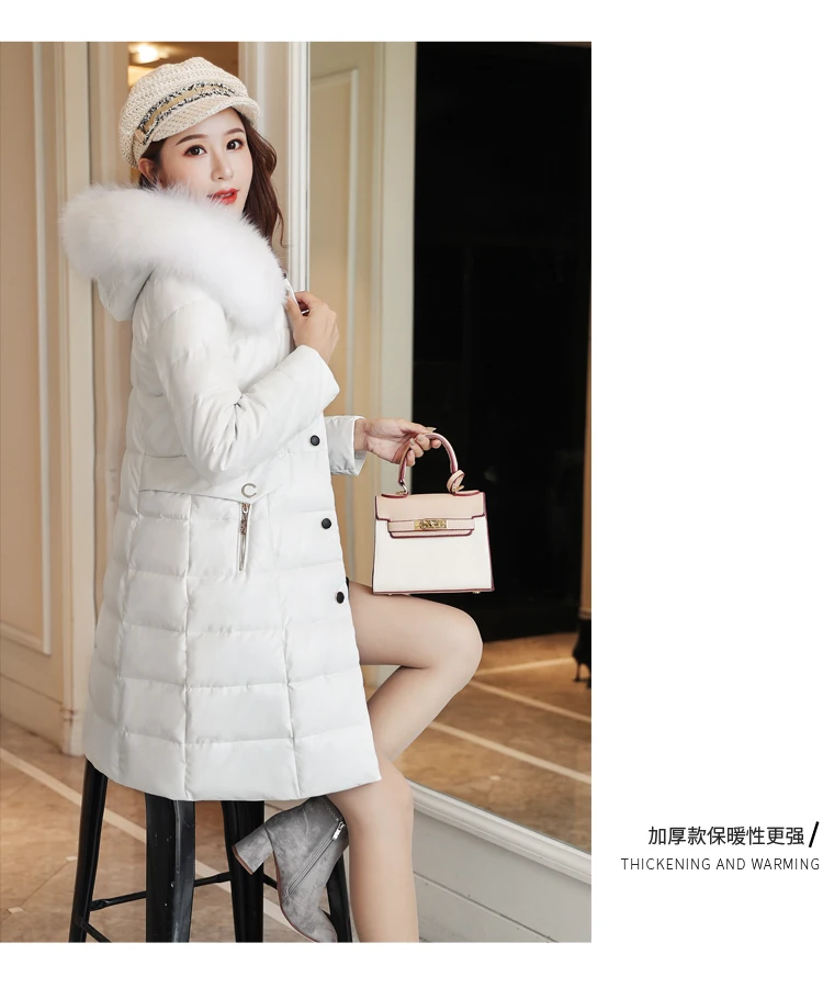 HANZANGL New Winter Women's Leather Down Jacket Korean Version Slim long Fox Fur Collar Fur Coat Women's Clothing