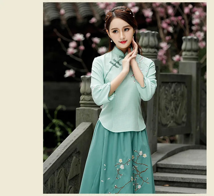 Традиционное Ципао антикварная вышивка модный костюм Тан cheongsam топы улучшенные Ретро чайное платье костюм Тан Женская тонкая рубашка