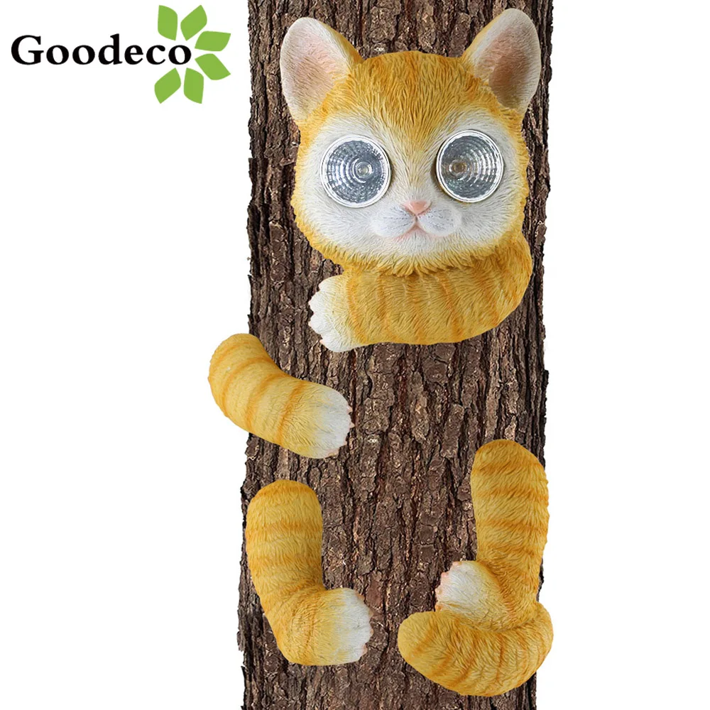 GoodecoOrangeCatStatueTreeGardenOutdoorDecorationSolarLight