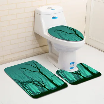 

Toilet 3 Piece Floor Mat Set Forest Printing Flannel Carpet Non-slip Absorbent Bathroom Rug Kitchen Toilet Doormat