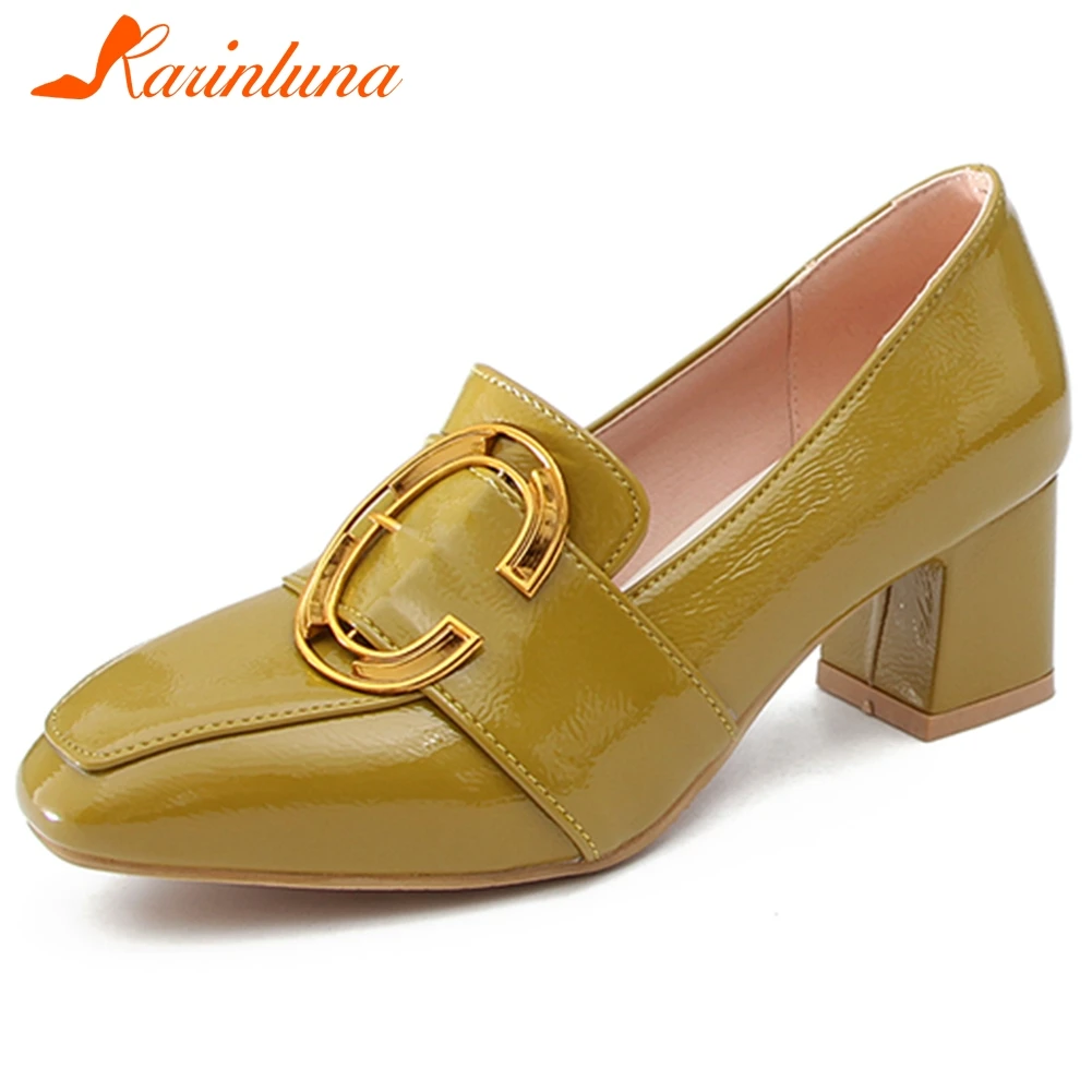 

KARINLUNA New Brand Female Casual Square Toe Pumps Metal Decoration Square Heels Slip On Office Pumps Women Spring Shoes Woman