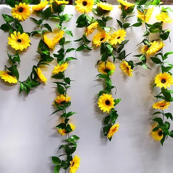

2 Pack Artificial Sunflower Garland Silk Sunflower Vine Artificial Flowers With Green Leaves Wedding Table Decor