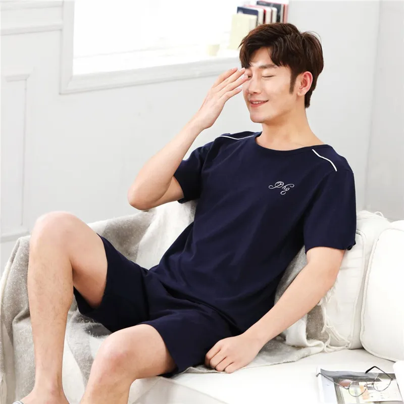 

According to Feminine Summer Pajamas MEN'S Short Sleeve Knit Cotton Solid Color Lettered Casual Two-Piece Set Thin Homewear Set