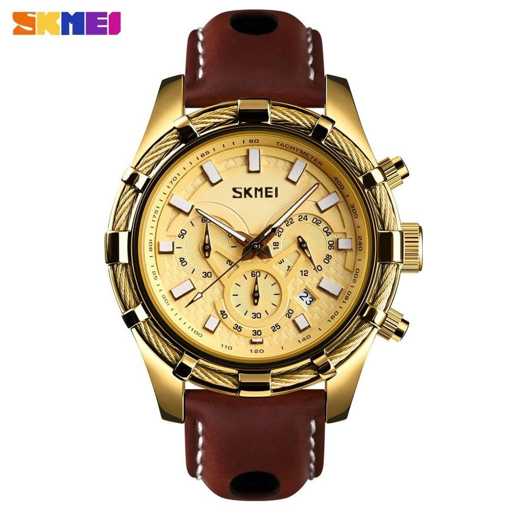 

SKMEI Mens Watches Top Brand Luxury Fashion Watch Men Leather Quartz Watch For Male Auto Date Golden Watch Relogio Masculino