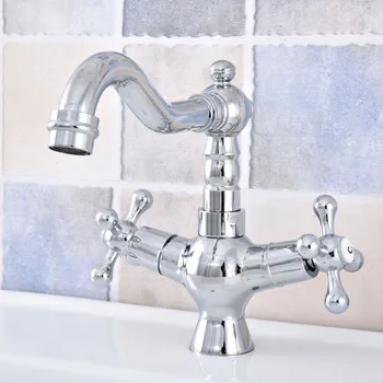 

Polished Chrome Brass Bathroom Kitchen Basin Sink Faucet Mixer Tap Swivel Spout Dual Cross Handles One Hole Deck Mounted msf662