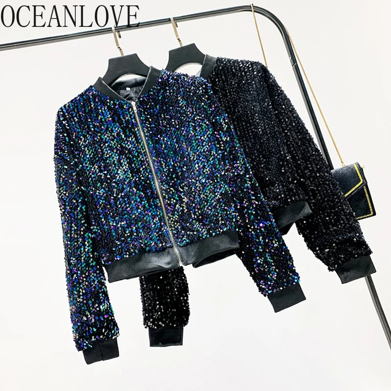 OCEANLOVE расшитая блестками куртка для женщин Новинка корейский стоячий воротник на молнии Chaqueta Mujer Осенняя короткая Высокая модная верхняя одежда 12893