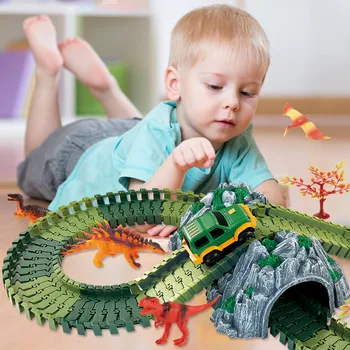 

144pcs DIY Simulation Jungle Dinosaur Track Theme Park Animal Figures Sets Children Track Car Enligten Toys For Children Gifts